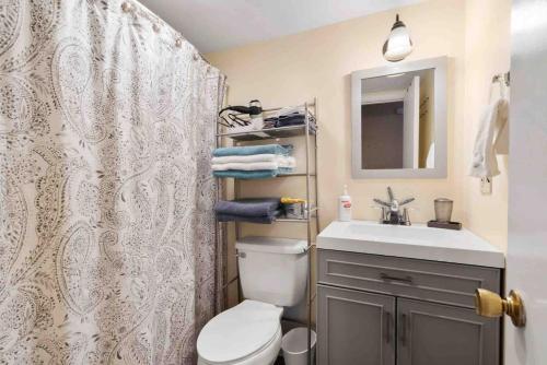 a bathroom with a toilet and a sink and a shower at Lovely Downtown Oasis Near Hospitals, Colleges, and Beaches in Amesbury