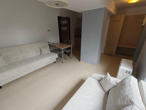 a living room with a couch and a table at apartamenty sarbinowo in Sarbinowo
