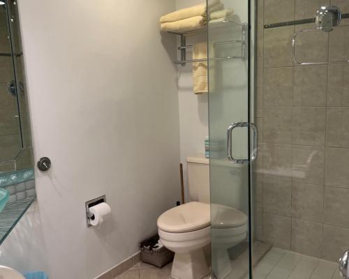 ein Badezimmer mit Toilette und Glasdusche in der Unterkunft 840 Ketch Court at The Sea Pines Resort in Hilton Head Island