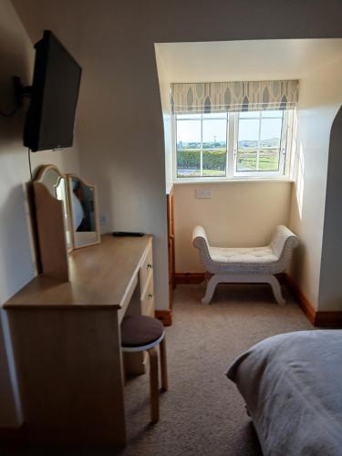 a bedroom with a bed and a desk with a mirror at Roshine hill in Shanbally
