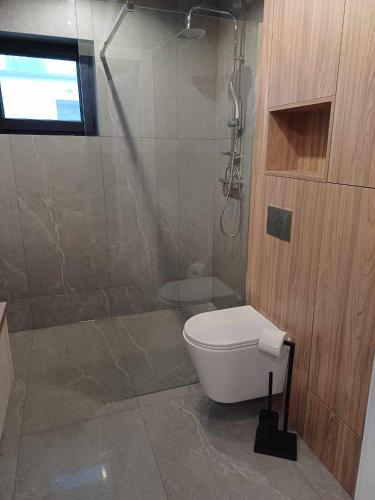a bathroom with a shower and a toilet in it at Apartament JUST LIVING in Pleszew