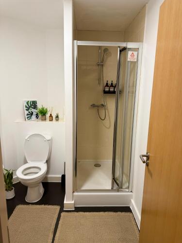 a bathroom with a toilet and a glass shower at Zelena Luxurious Apartment, Private Parking, Fast Wi-Fi, Self Check-In Anytime Perfect For Late Arrivals, 5 Minutes to Old Trafford Stadium in Manchester