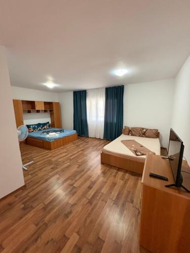 a room with two beds and a desk in it at Casa Armonia Costinesti in Schitul