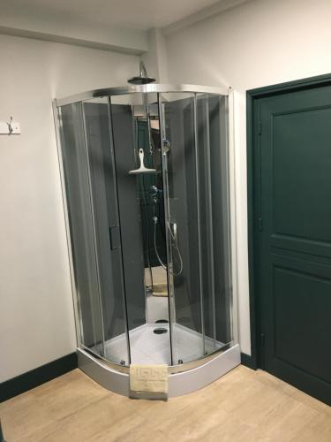 a glass shower in a room next to two doors at Le Vieux Colombier in Pouzy-Mésangy