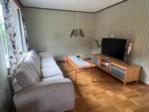 a living room with a couch and a tv and a table at Svarteborg Dingle in Dingle