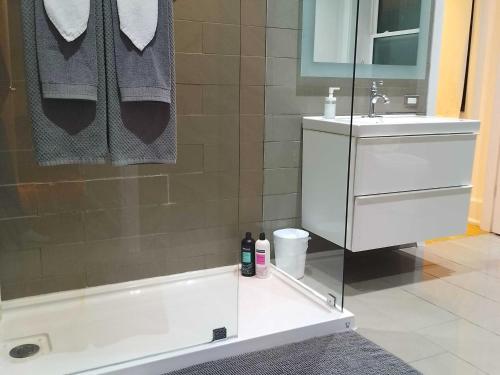 a bathroom with a shower with a sink and a tub at Stylish & Pet-Friendly 2BR Suite in Trendy Leslieville with Portable AC Nearest Intersection Eastern Ave in Toronto