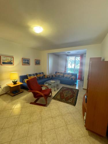una sala de estar con un sofá y una silla en Apartman Luka5, en Petrovac na Moru