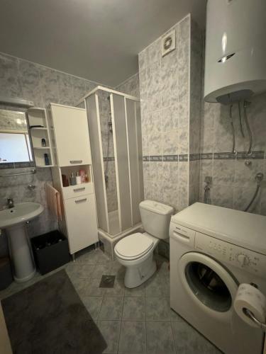 y baño con aseo, lavabo y lavadora. en Apartman Luka5, en Petrovac na Moru