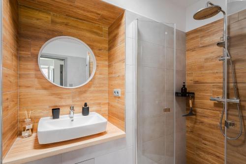 a bathroom with a sink and a mirror at Chalupa Kozárovice in KozÃ¡rovice