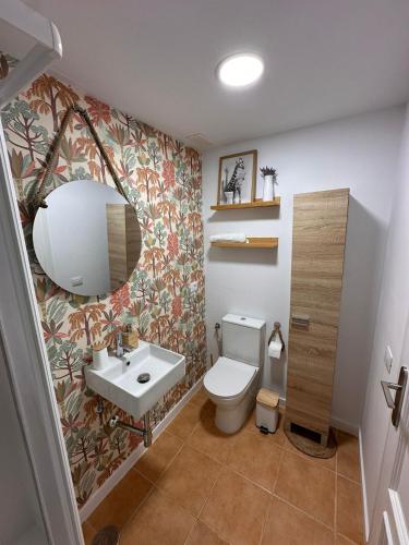 a bathroom with a toilet and a sink and a mirror at Sardina Serena in Gáldar