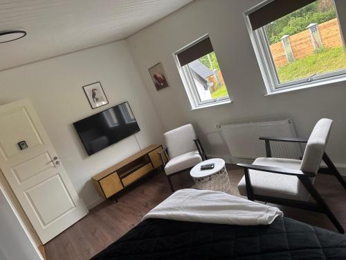 a bedroom with a bed and a tv and chairs at Serengeti & Stayover in Svebølle