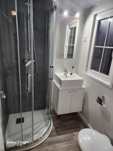 a bathroom with a shower and a sink at Casa vieira in Bico