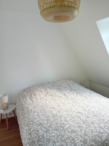 a bedroom with a bed and a lamp and a table at Le gîte de notre histoire in Épégard
