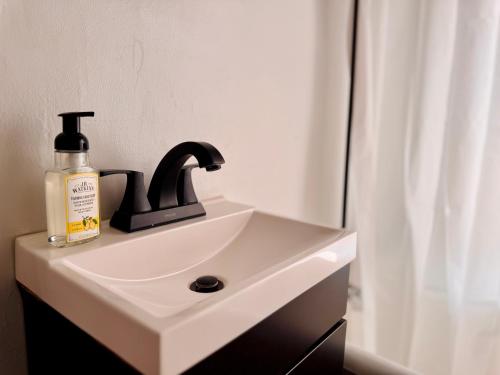 a bathroom sink with a bottle of soap on it at Charming 1BD Loft in Shelburne in Shelburne