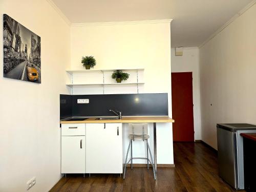 a kitchen with a counter and a sink in a room at Penzion Vintrovna in Popůvky
