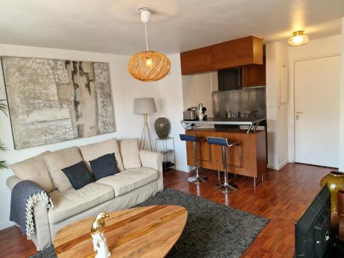 un salon avec un canapé et une table dans l'établissement Appartement hyper centre ville proche de la gare, à Toulouse