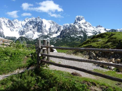 a fence with mountains in the background at Annaberger Musikantenwirt in Annaberg im Lammertal