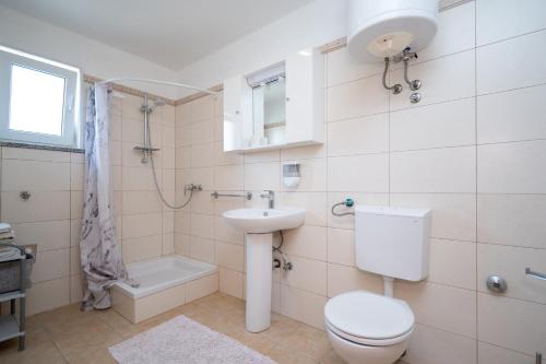 a bathroom with a toilet and a sink and a shower at Apartment Zubovici 9365b in Zubovići