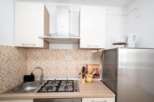 a kitchen with white cabinets and a stainless steel refrigerator at Apartment Zubovici 9365b in Zubovići