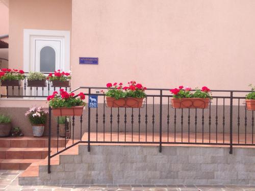 a group of potted plants on a fence at Apartments Vunić in Mošćenička Draga