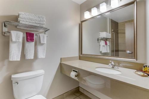 a bathroom with a toilet and a sink and a mirror at Best Western Plus Winnipeg West in Winnipeg