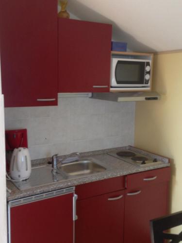 a kitchen with red cabinets and a sink and a microwave at Apartments Vunić in Mošćenička Draga