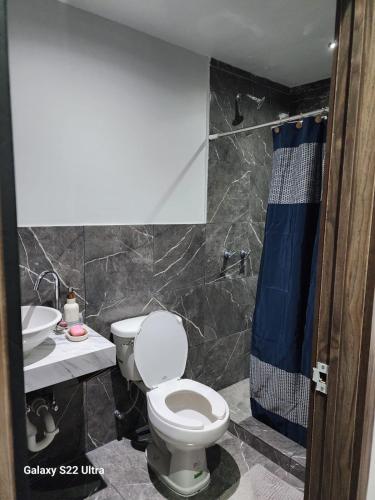 a bathroom with a toilet and a sink and a shower at Cataleya suites blue in La Coyotera