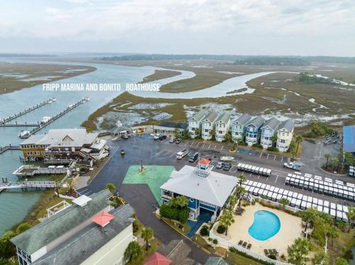 an aerial view of a marina and bond building at Sprawling Family Home w/ Pool Table - Steps from Beach, Tennis, & Pools in Fripp Island