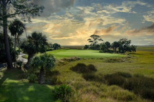 a golf course with palm trees and a green at 718 Swordfish Road in Fripp Island
