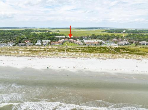an aerial view of a beach with a red marker at 124 Capt John Fripp Villa in Fripp Island