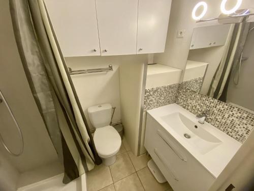 une petite salle de bain avec toilettes et lavabo dans l'établissement Studio cabine climatisé, terrasse et parking proche plage - FR-1-338-604, à Sète