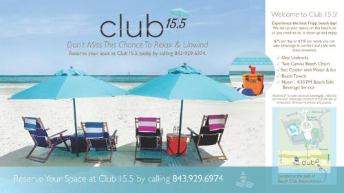 a flyer for a beach with chairs and an umbrella at Tasteful 2 Story 4 Bedroom, 4 Bath Home! New on Rental Program, Sleeps 12! in Fripp Island