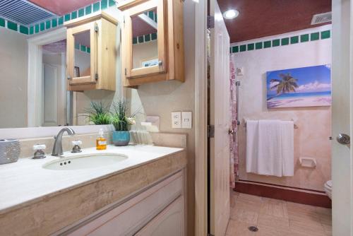 a bathroom with a sink and a toilet and a mirror at Marina Pinacate in Puerto Peñasco