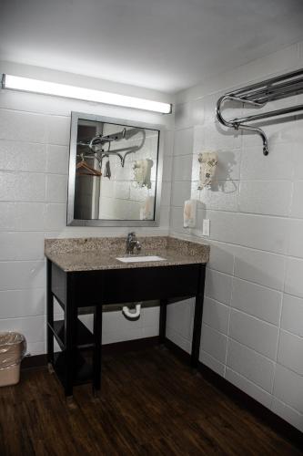 a bathroom with a sink and a mirror at Budget Inn in Carthage