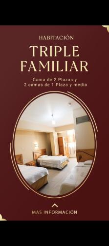 a poster for a hotel room with two beds and a mirror at Hotel Sol de Grau in Piura