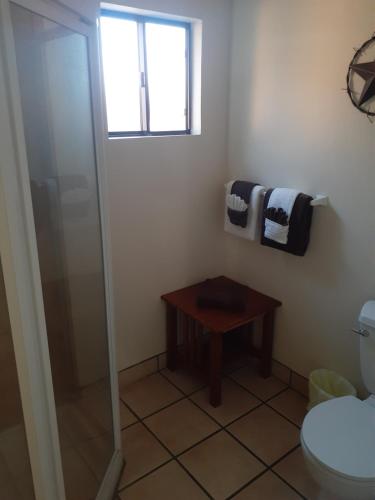 a bathroom with a shower and a toilet and a table at Stagecoach Suites in Wickenburg