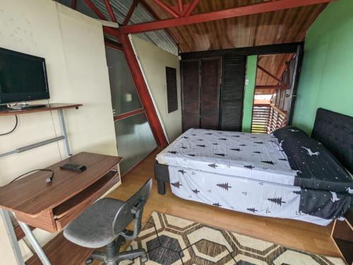ein Schlafzimmer mit einem Bett, einem Schreibtisch und einem Fernseher in der Unterkunft Alojamiento el Mirador in Tapantí