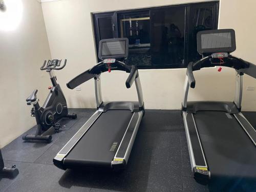 un gimnasio con dos bicicletas estáticas y una cinta de correr en Charming refuge at Colbeck Manor, en Old Harbour