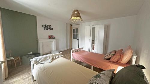 a bedroom with two beds and a chandelier at Le vieux tilleul in Bessines-sur-Gartempe