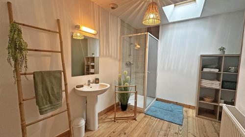 a bathroom with a sink and a shower at Le vieux tilleul in Bessines-sur-Gartempe