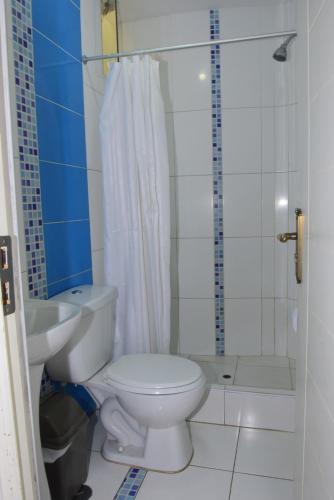 a bathroom with a toilet and a sink and a shower at Hotel Santa Barbara ilo in Ilo