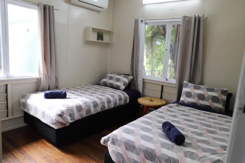 two beds in a room with two windows at Mt Bundy Station in Adelaide River