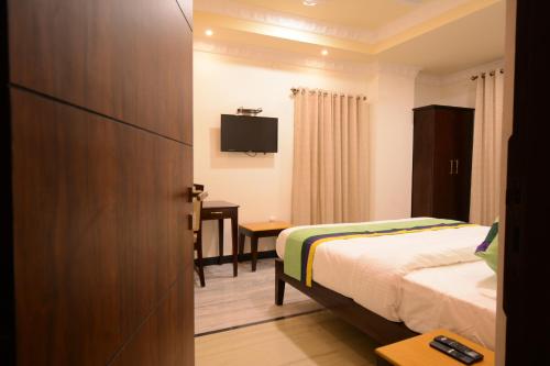 a hotel room with a bed and a television at Jheel Mahal in Udaipur