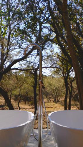 two white bowls sitting on a table in front of trees at Mologa River Lodge in Rust de Winter