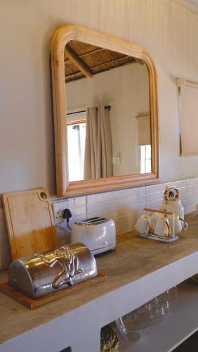 a bathroom counter with a mirror and a sink at Mologa River Lodge in Rust de Winter