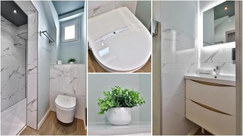 a collage of four pictures of a bathroom at Le Chic & Raffiné - Terrasse & Climatisé in Périgueux