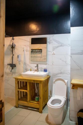 a bathroom with a sink and a toilet at Eagle View Lodge - Kigali in Kigali