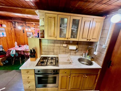 a kitchen with a stove and a sink at Chalet Kanja Velika Planina in Stahovica
