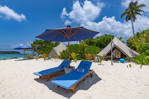 a couple of blue beach chairs and an umbrella on a beach at The MAVERICK SURF AND DIVE BOUTIQUE HOTEL - Book 10 Nights and get 1 Free Night - Free Speed Boat Service - Kids Stay Free in Laamu