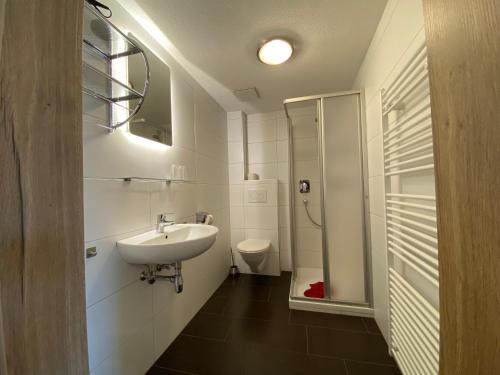 a bathroom with a sink and a toilet at Pension Jagerhof - Sommercard Inkl - 5 Min zum Hochzeiger in Jerzens